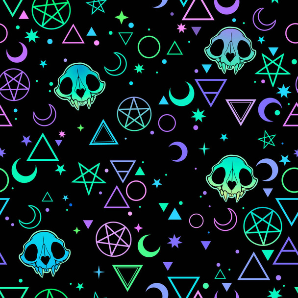 seamless illustration depicting magic symbols and skulls - Vector, Image
