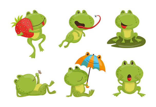 Collection of cartoon illustrations with frog performing different actions. Colorful cute character. - Vektori, kuva