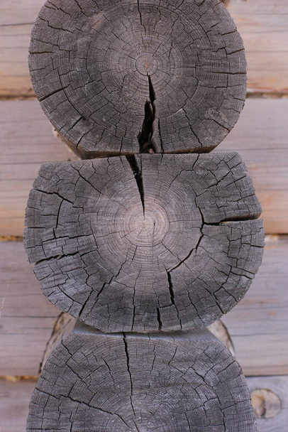 Background of horizontal hewed smooth painted wooden logs close up horizontal view. vintage - Foto, Imagem