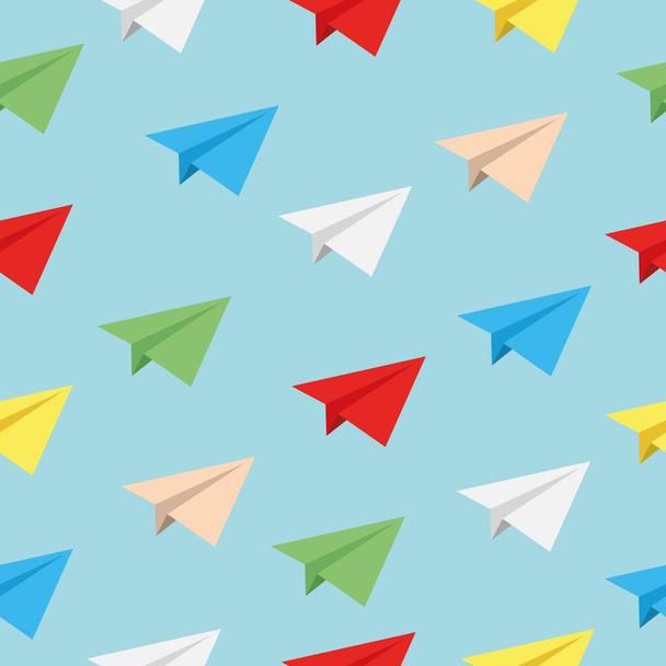 Different colors of realistic flying paper planes in a blue sky. Vector seamless pattern background. Can be used for wallpaper wrapping paper textile fabric prints card or banner template or any else. - 写真・画像