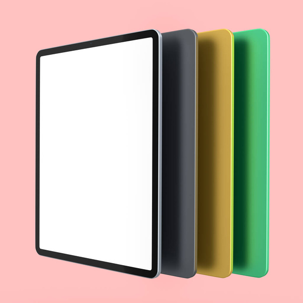 Set of computer tablets with cover case and blank screen isolated on pink background. 3D rendering concept of creative designer equipment and compact workspace - Valokuva, kuva