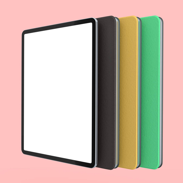 Set of computer tablets with cover case and blank screen isolated on pink background. 3D rendering concept of creative designer equipment and compact workspace - Φωτογραφία, εικόνα
