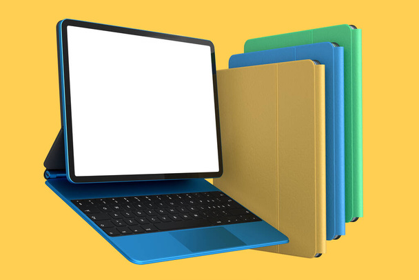Set of computer tablets with keyboard and blank screen isolated on yellow background. 3D rendering concept of creative designer equipment and compact workspace - Valokuva, kuva