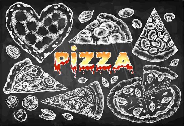 Bosquejo dibujado a mano conjunto de pizza de dibujo tiza aislado en pizarra. Doodle comida italiana. Tomate, queso mozzarella, albahaca, camarones, pepperoni, mariscos. Fondo de panadería. Ilustración vectorial. - Vector, Imagen