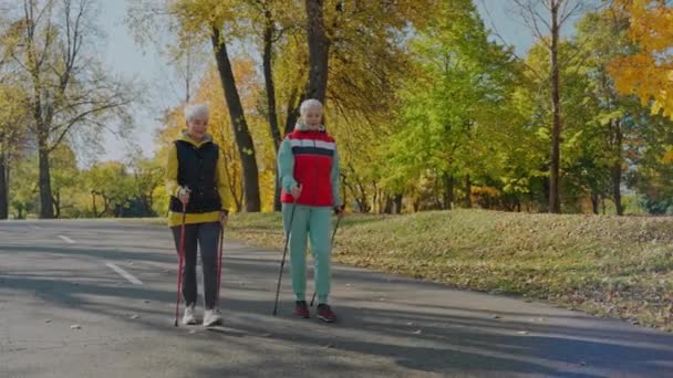 Two aged women doing Nordic walking in fall city park on sunny day, front view  - Video