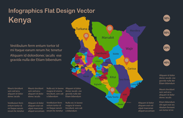 Infografías Mapa de Kenia, colores planos de diseño, nombres de la división administrativa individual, fondo azul con vector de puntos naranja - Vector, Imagen