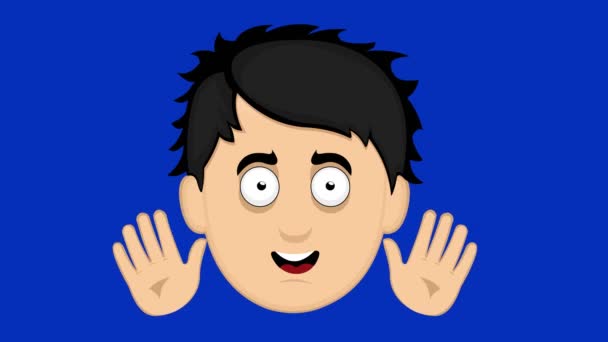 Loop animatie van het gezicht van een cartoon jonge man zwaaiend, op een blauwe chroma key achtergrond - Video