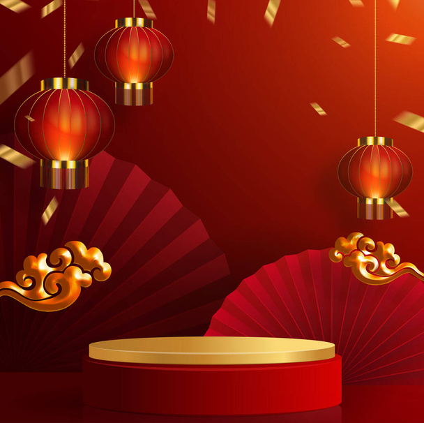 3d Podium round, square box stage podium and paper art Chinese new year,Chinese Festivals, Mid Autumn Festival, red paper cut, fan, flower and asian elements with craft style on background. - Vector, Image