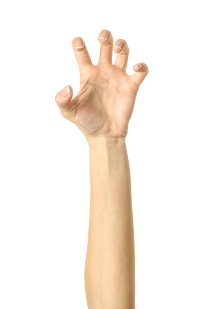 Pulling, grabbing, reaching or scratching. Woman hand with french manicure gesturing isolated on white background. Part of series - Zdjęcie, obraz
