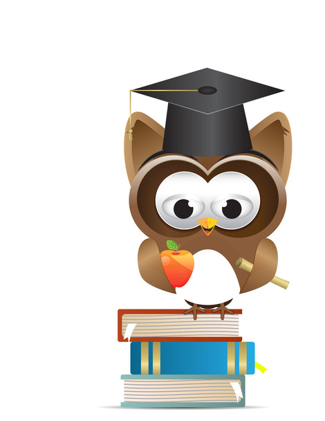Owl and graduation cap and apple - Vector, Image