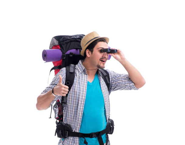 Backpacker z dużym plecakiem izolowane na białym - Zdjęcie, obraz