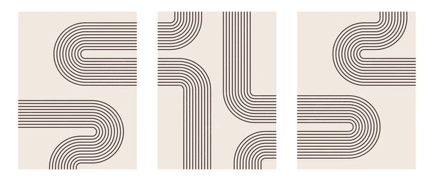 Set di stampa d'arte minimalista moderna di metà secolo con forma naturale organica. Astratto sfondo estetico contemporaneo con geometrica linea nera minimale su beige. Boho decorazione della parete. - Vettoriali, immagini