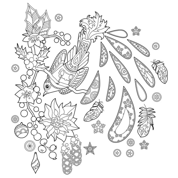 Cute Christmas bird with berries. Winter holiday decoration. Black and white elements. Traditional decor for season design. Hand drawn illustration for children and adults, coloring books and tattoo. - Vetor, Imagem