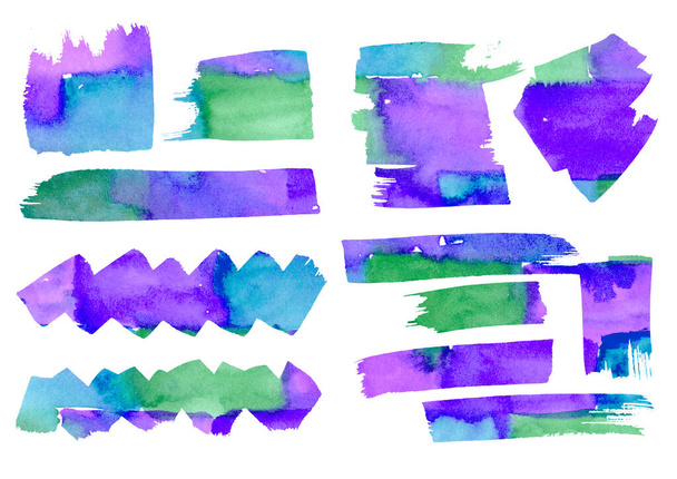 Watercolor artistic freehand drawing set green, blue, turquoise, purple and violet stains and splash. Watercolour frame abstract brick wall textured elements on white background. Infographic, manga - Foto, imagen