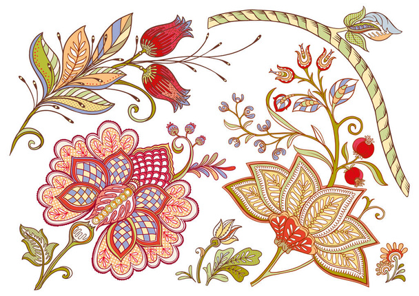 Fantasy flowers in retro, vintage, jacobean embroidery style.  - Vetor, Imagem