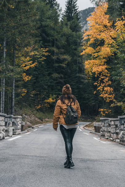Earth tones photo of female hiker standing in middle of road in forest. Moody tones of beautiful nature with fall colors. - Foto, imagen