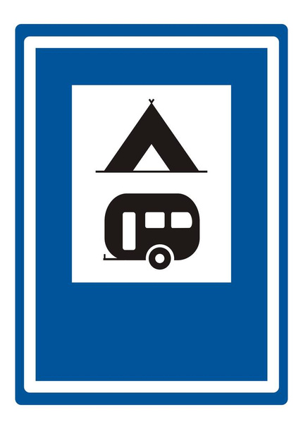 Znak drogowy, zestaw dwóch czarnych piktogramów na niebieskim tle, camping, namiot i przyczepa, ikona wektora - Wektor, obraz
