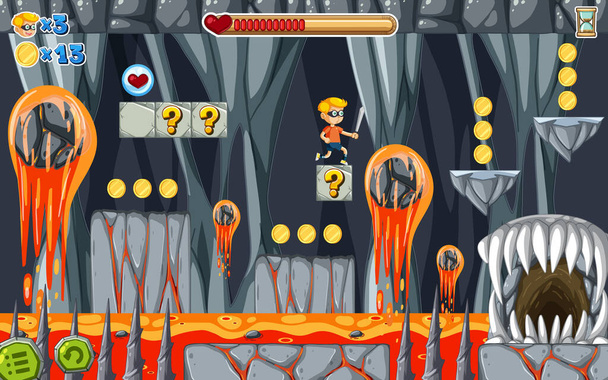 Εικονογράφηση προτύπου παιχνιδιού Cave Lava Platformer - Διάνυσμα, εικόνα