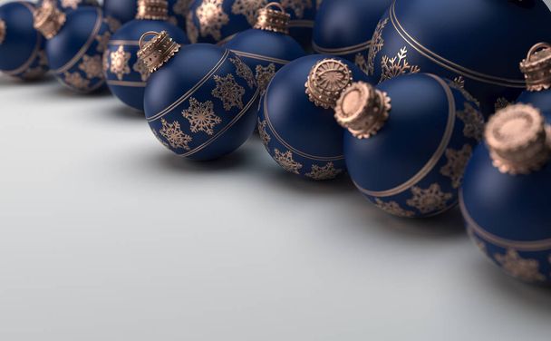 孤立した白の背景に銅で素晴らしい華やかな雪の結晶パターンで飾られたネイビーブルーのクリスマスボールのコレクション- 3Dレンダリング - 写真・画像