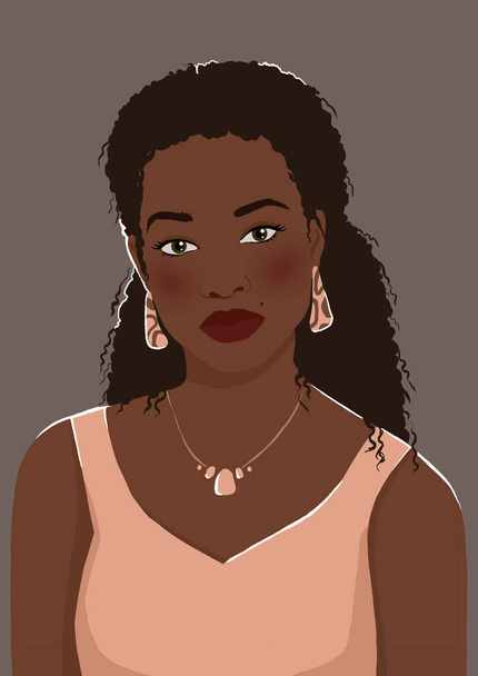 Portret pięknej afrykańskiej dziewczyny w brzoskwiniowej sukience z dużymi kolczykami. Nowoczesna delikatna płaska ilustracja. na pocztówkę, plakat z 8 marca. - Zdjęcie, obraz