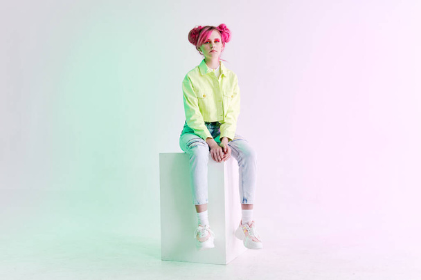 girl with pink hair teen posing fashion neon - Фото, изображение