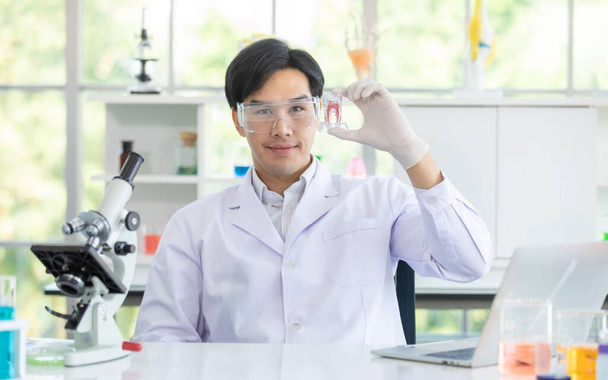Asian man scientist or researcher wearing white coat and protective glassware holding tooth structure model for Education on the table in the modern dental laboratory. Concept Maintain dental health - Foto, immagini