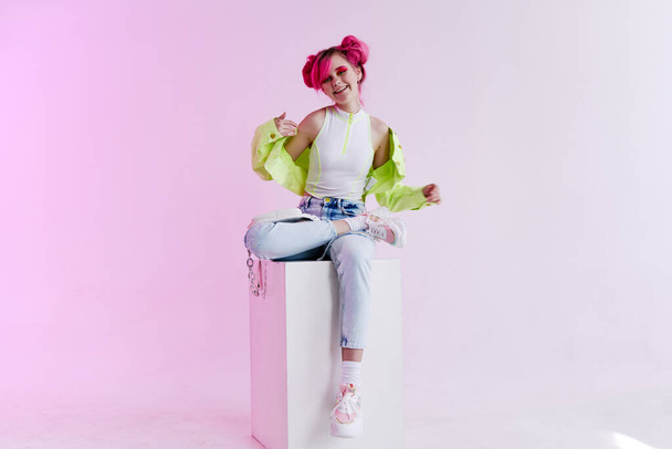 cheerful woman in youth clothing collage neon background - Foto, afbeelding