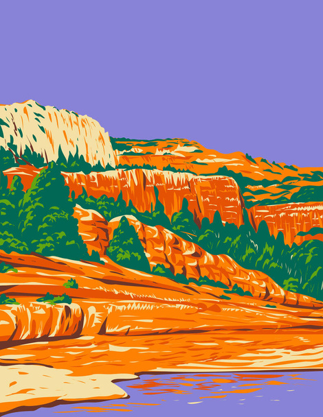 Arte del cartel de WPA de Slide Rock State Park ubicado en Oak Creek Canyon en Sedona, Arizona, Estados Unidos de América - Vector, imagen