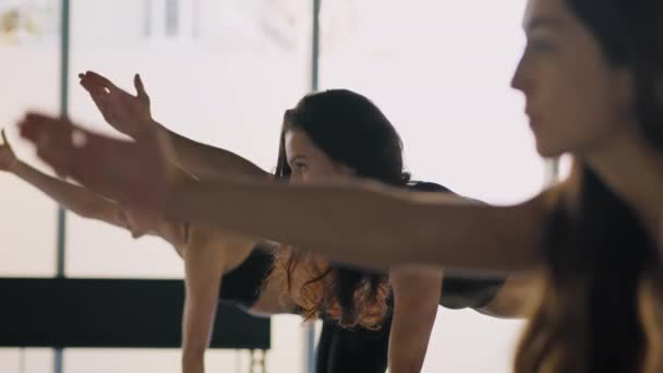 Allenamento yoga. Gruppo di giovani donne che si allenano insieme in palestra, in piedi a quattro zampe e mani alzate, vista laterale - Filmati, video
