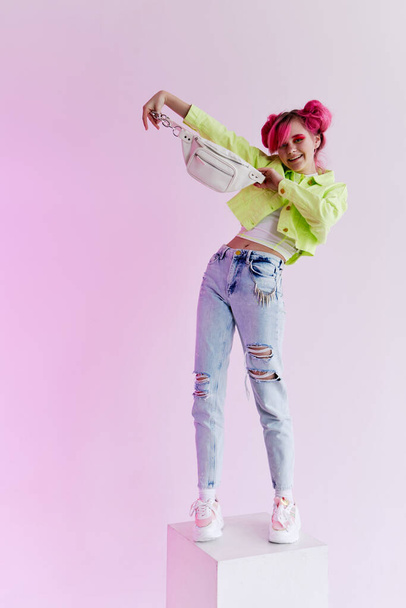 hipster woman with pink hair creative lifestyle fun design - 写真・画像