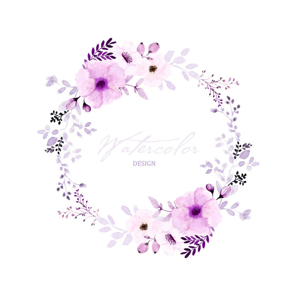 Watercolor wreath design with purple flowers and leaves. Watercolor hand-painted with floral bouquet isolated on white background. Suitable for wedding card design, invitations, Save the date. - Vektor, kép
