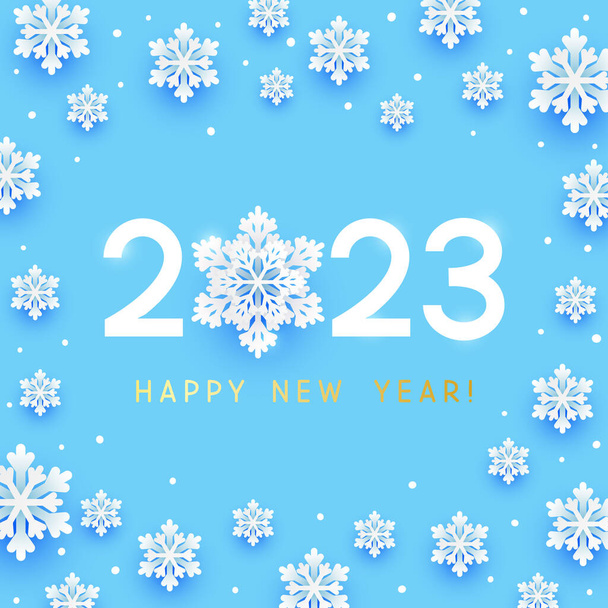 Nový rok koncept - 2023 čísla na modrém pozadí s papírovými vločkami pro zimní dovolenou design - Vektor, obrázek