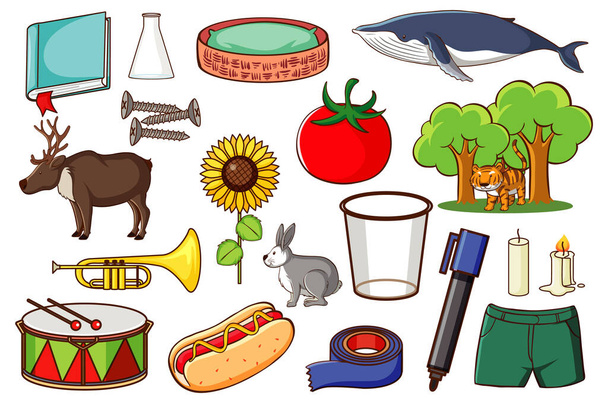 Set van verschillende dieren en voorwerpen illustratie - Vector, afbeelding