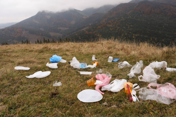 Plastic garbage scattered on grass in nature - Fotoğraf, Görsel