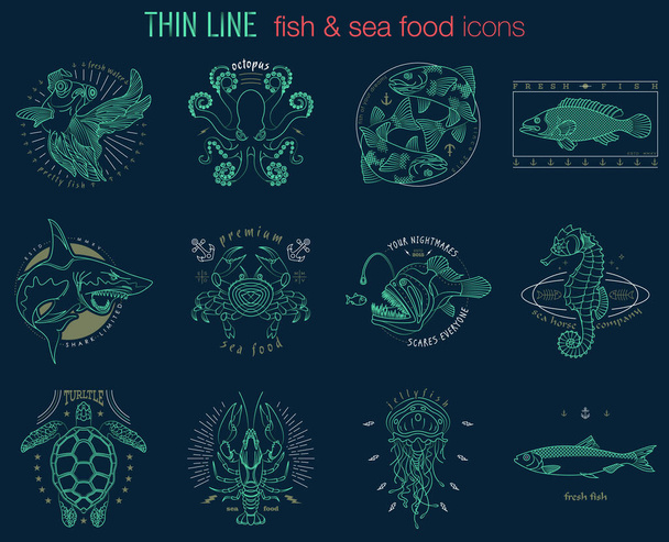 Abstract fish and sea life icons design - ベクター画像