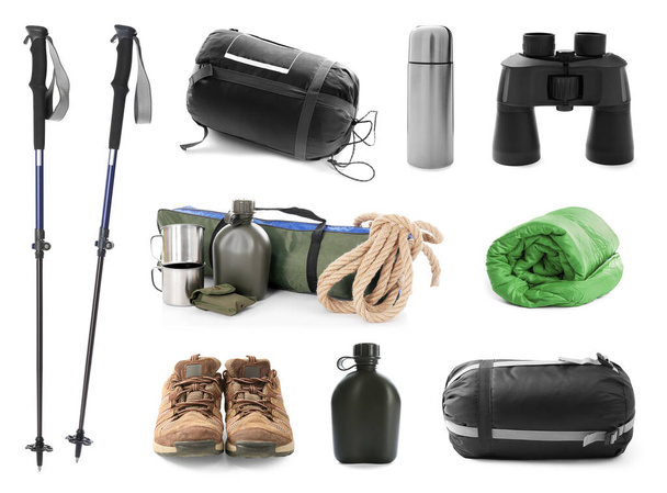 Set with different camping equipment on white background - Photo, Image