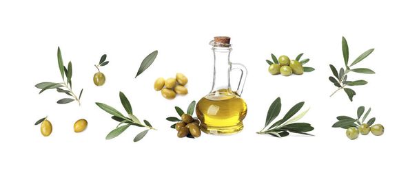 Jug of oil, ripe olives and leaves on white background, collage. Banner design - Fotoğraf, Görsel