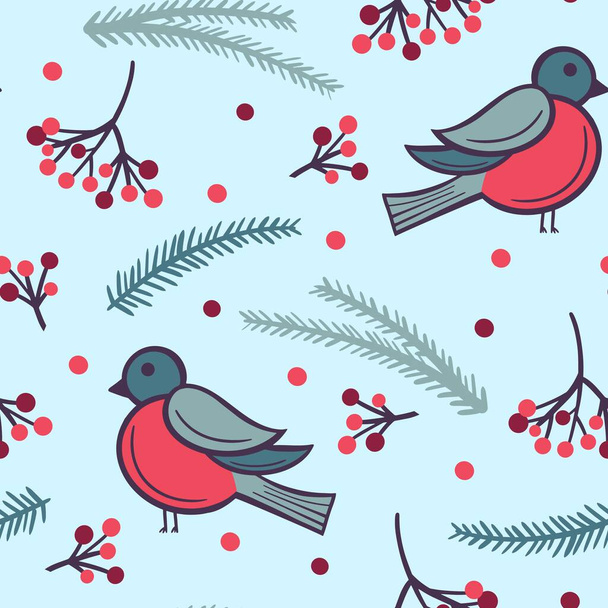 Winter seamless pattern with birds, fir branches and berries. Bullfinches with red rowan berries on a blue snowy background. Template for wallpaper, packaging, fabric and shading. - Vektor, Bild
