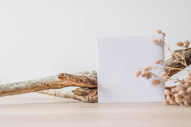 Винтажный коричневый конверт и сушеные цветы на фоне белого материала - Фото, изображение