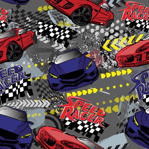 Abstract seamless cars pattern on grunge shape cracked background with shabby texture, arrow, lightning, dots,spray paint, ink. Childish style wheel auto repeated backdrop.  - Vector, Image