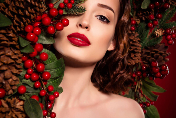 Photo of tender fancy lady christmas eve beauty naked shoulders concept isolated on wreath frame background - Photo, image