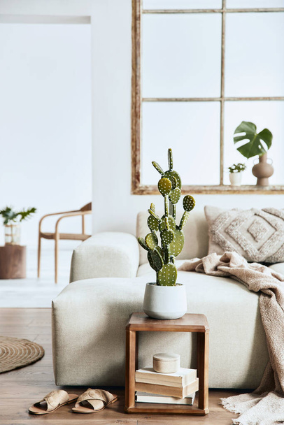 Stylish composition of living room with design beige sofa, wooden stool, cacti, plants, book, decoration, furniture and elegant personal accessories. Modern home decor. Open space. Template. - Fotoğraf, Görsel