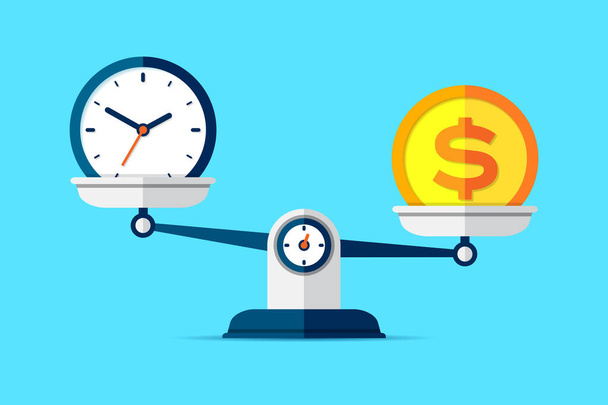 Time is money. Scales icon in flat style. Libra symbol, balance sign. Time management. Dollar and clock icons. Vector design elements for you business projects on color background - Vecteur, image