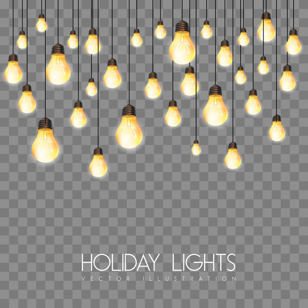 Vector garlang of gold or yellow lamps on transparent background. Holiday string of lights vector illustration - Vektör, Görsel
