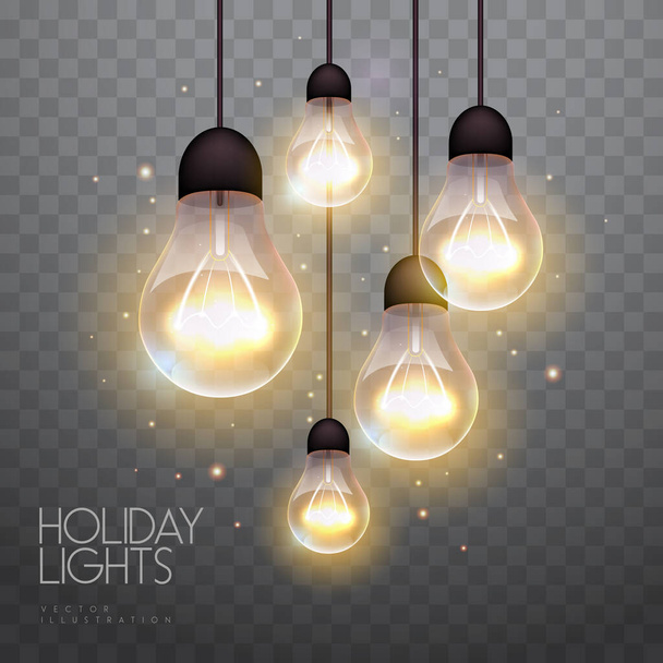 Vector garlang of gold lamps on transparent background. Holiday string of lights vector illustration - Vector, Image