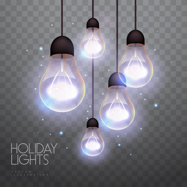 Vektorový girlang stříbrných nebo bílých lamp na průhledném pozadí. Holiday string of lights vector illustration - Vektor, obrázek