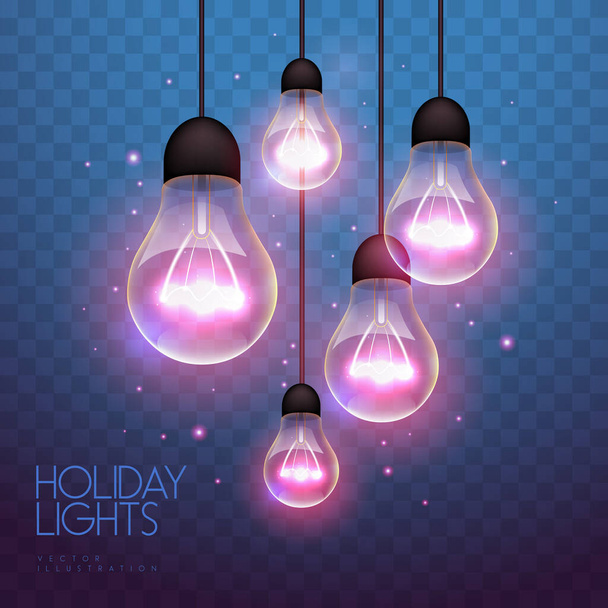 Vector garlang of pink lamps on transparent blue background. Holiday string of lights vector illustration - Vektör, Görsel