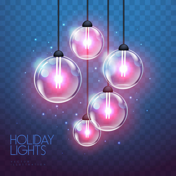 Vector garlang of pink lamps on transparent blue background. Holiday string of lights vector illustration - Vector, imagen