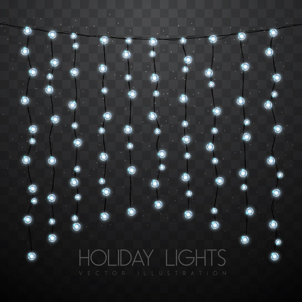 Vector garlang of white or silver lamps on transparent background. Holiday string of lights vector illustration - Vector, imagen