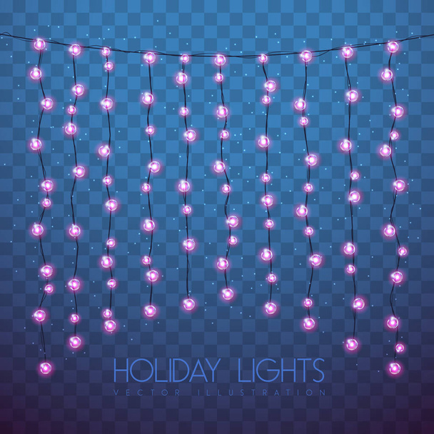 Vector garlang of pink lamps on transparent blue background. Holiday string of lights vector illustration - Vector, Imagen